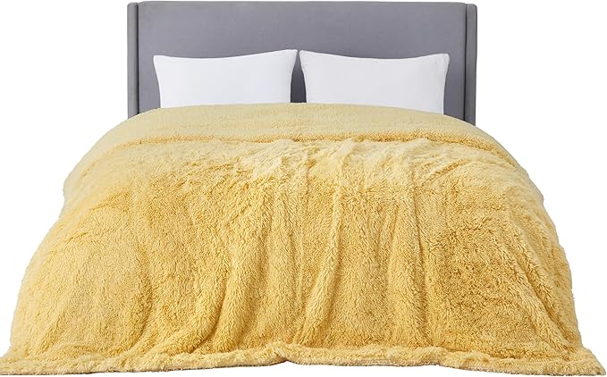 Bedsure GentleSoft Fluffy Yellow Blankets Queen Size for Bed, Thick Sherpa Faux Fur Fleece Fuzzy Plush Winter Warm Heavy Soft Full Queen Blankets, Bedroom Decor Yellow Cozy Gifts for Women Men, 90x90