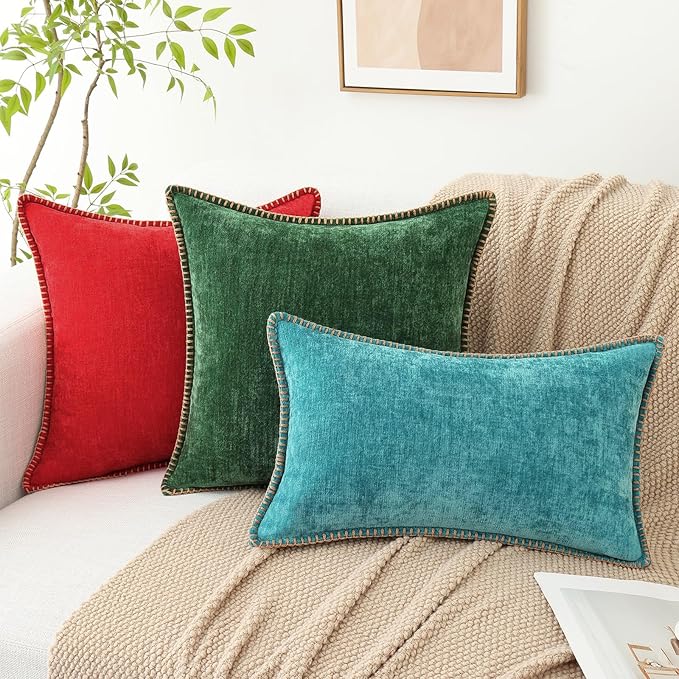 decorUhome Chenille Soft Throw Pillow Covers 22x22 Set of 2, Farmhouse Velvet Neutral Decorative Euro Pillow Covers with Stitched Edge for Couch Sofa Bed Home Decor, Turquoise