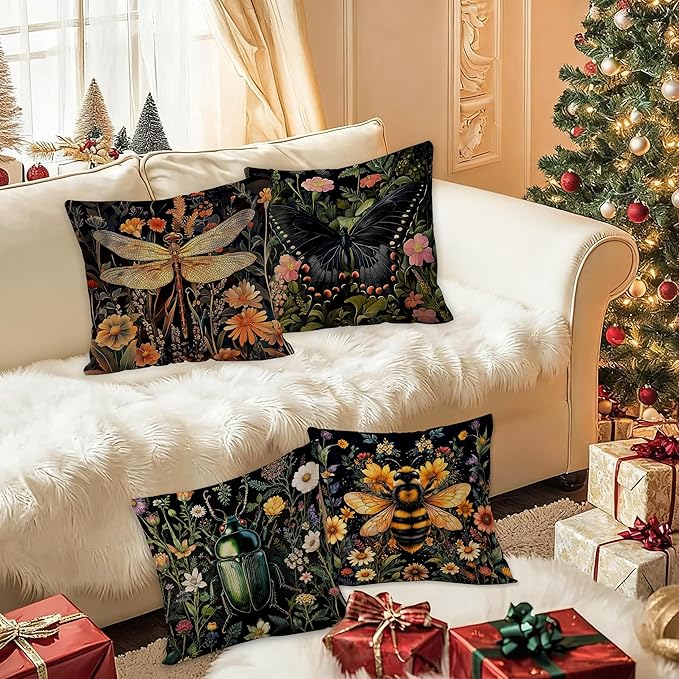 William Morris Inspired Dragonfly Bee Pillow Covers 18x18 Double-Sided Set of 4,Insect Gifts for Women,Vintage Dark Cottagecore Floral Botanical Insects Decorative Throw Pillow Covers for Home