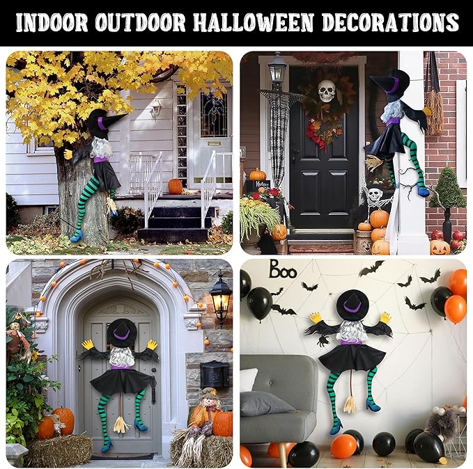 POPGIFTU 63" Crashing Witch Halloween Decoration – Flying Witch on Broom Into Tree Outdoor Yard Prop for Porch, Lawn, Garden, Pillars, Door, or Haunted House Decor
