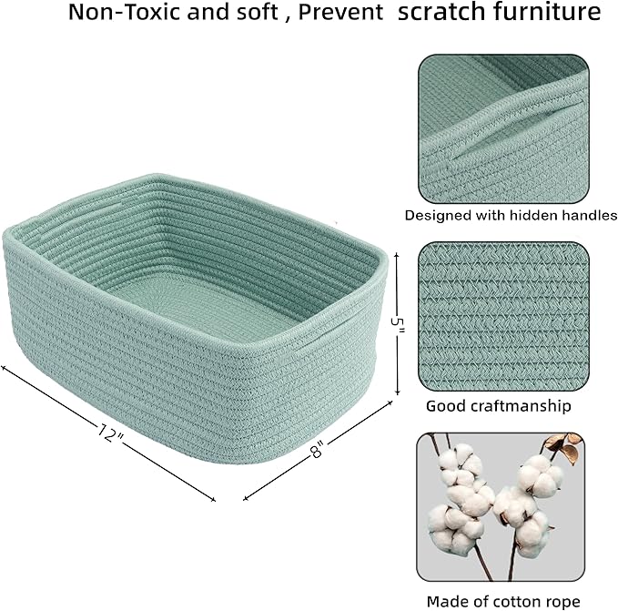 Small Woven Storage Baskets 12“X8”X5“ Decorative Rope Bins for Organizing Shelves, Closets, and Toys, Empty Gift Baskets, Cute Organizer Basket for Home and Office (green, regular)