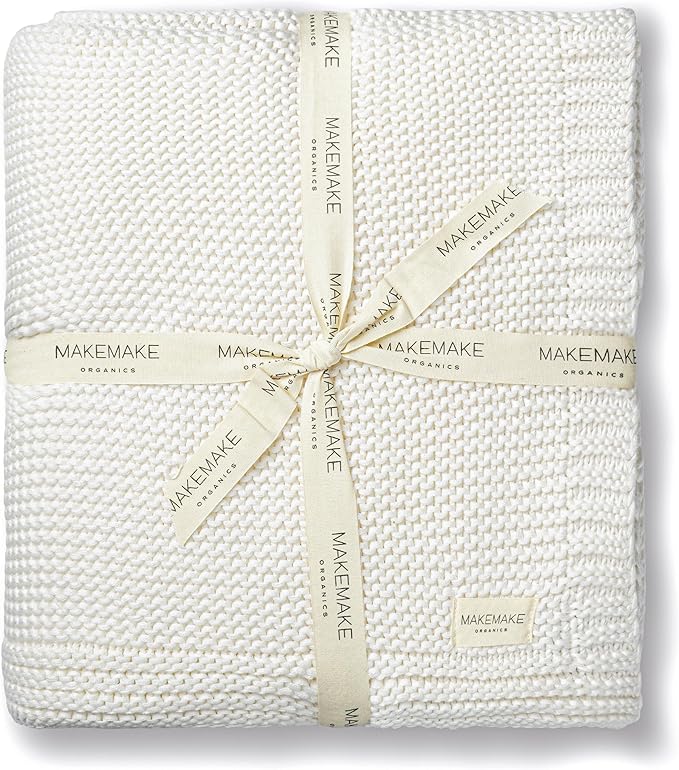 Makemake Organics Organic Cotton Throw Blanket GOTS Certified Organic Knit Blanket Couch Bed Neutral Fall Colors Soft Cotton Throw Blanket Large (50x60, Ivory)