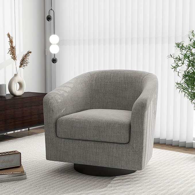 Swivel Barrel Accent Chair Set of 2, Modern Round Linen Arm Chair for Living Room, Bedroom, Comfy Club Reading Chairs for Adults, Linen Fabric-Khaki, 2 SEAT