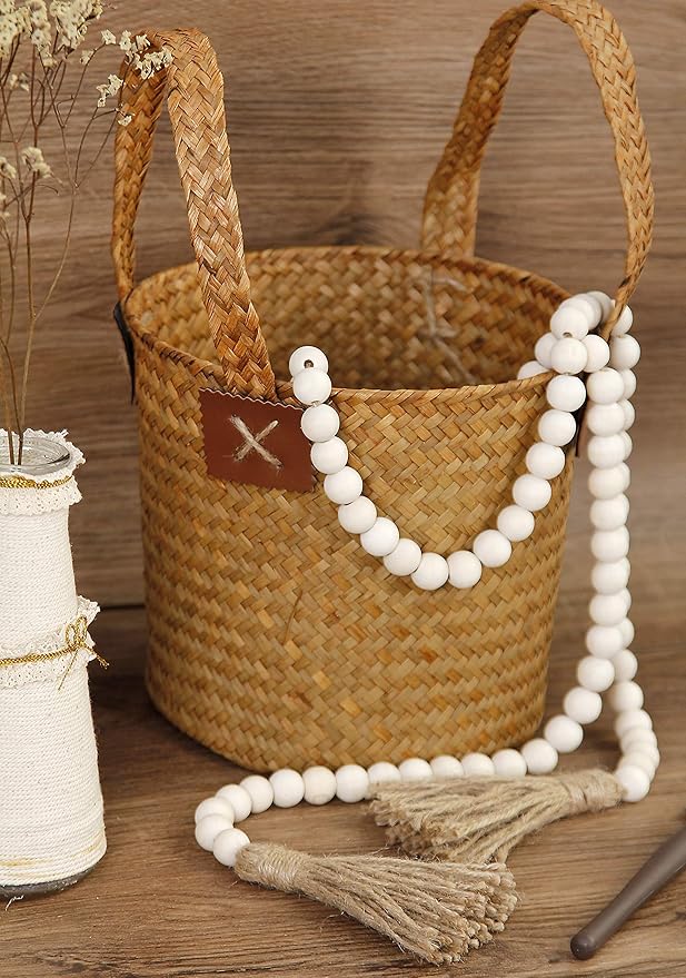 58in Wood Bead Garland with Tassels, Farmhouse Rustic Country Decor Prayer Boho Wall Hanging Decoration (Nature)