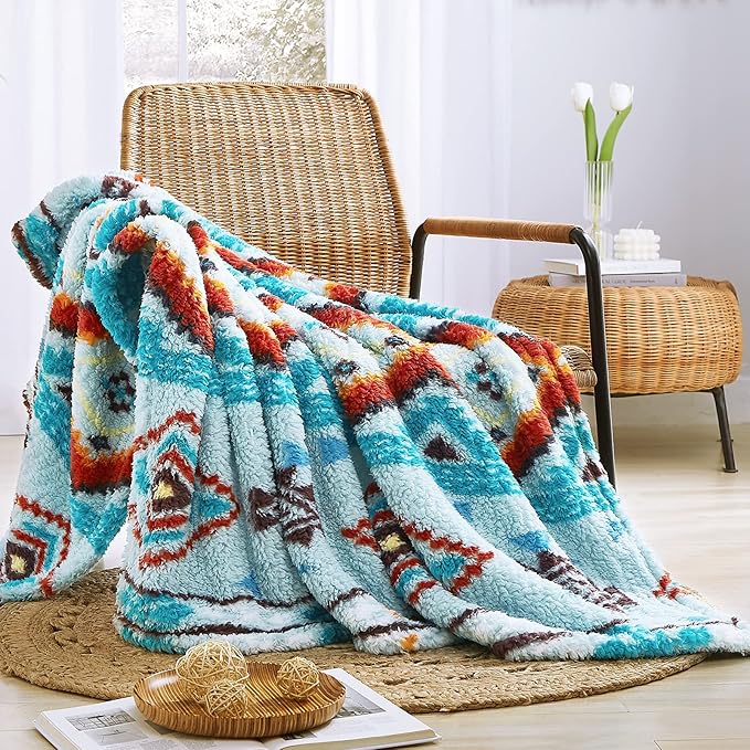 CASAAGUSTO Boho Sherpa Throw Blanket, Aztec Queen Blanket, Ultra Soft, Warm, Cozy, Plush, Thick Fleece Bohemian Throw Blanket for Couch, Bed, Sofa (Aqua 90 * 90 Inch)