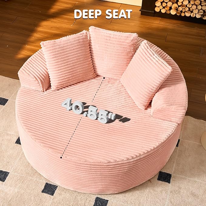 ovios 58" Oversized Round Chair Lounge Chaise Indoor, No Assembly Required, Cloud Large Circle Chair with Plush Fuax Fur, Fluffy Modern Sleeper Sofa Bed for Reading Yoga, Pink (Plush Corduroy Fabric)