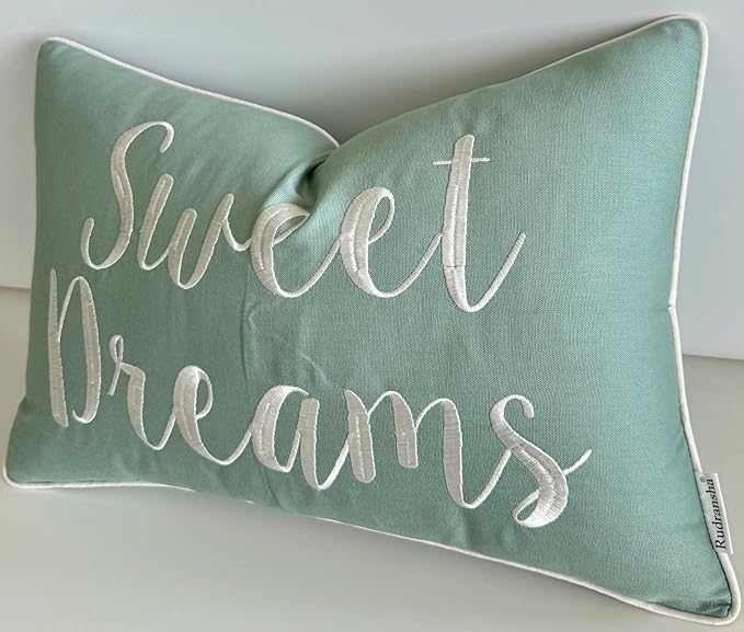 Rudransha 12x18 Sweet Dreams Lumbar Pillow Cover - Embroidered Quote Throw Pillowcase - Decorative Cushion for Couch, Sofa, Bed, Nursery, Cozy Corner - Relaxing Bedroom Accent - Light Teal