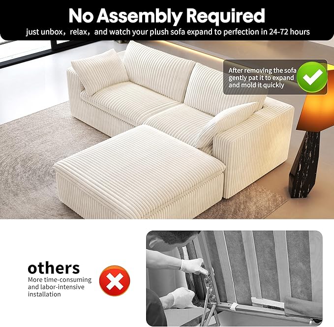 78.74" L Shaped Modern Sofa Modular Sectional Cloud Couch with Ottoman,Upholstered Couches with Plush Corduroy Fabric for Living Room Furniture,Bedroom and Apartment,No Assembly Required,White