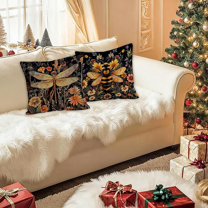 William Morris Inspired Wildflower Dragonfly Bee Pillow Covers 18x18 Set of 2, Vintage Dark Cottagecore Floral Botanical Insects Decorative Throw Pillow Covers for Home Bedroom Living Room