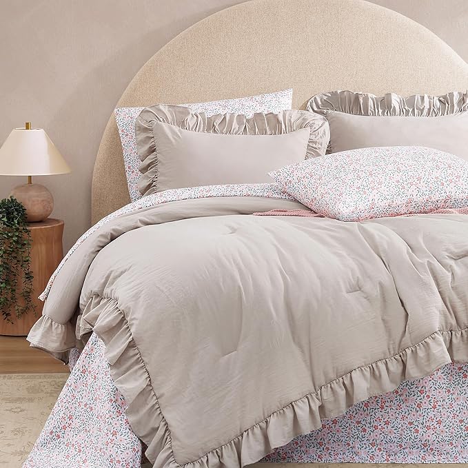 Queen Comforter Set - 7 Pieces Ruffle Beige Bedding Sets, Shabby Chic Farmhouse Bed in a Bag Queen with Ruffle Comforter, Floral Sheets, Pillowcases & Shams