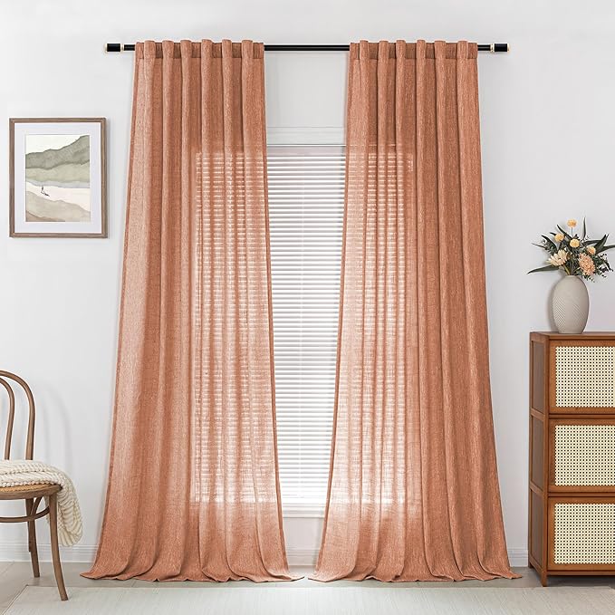 MYSKY HOME Floor Length Burnt Orange Curtains 95 Inch Long Panels, Boho Curtains Farmhouse for Living Room Sliding Glass Door, Rod Pocket Linen Look Texture Light Filtering, 50" x 95", Orange, Pack-2