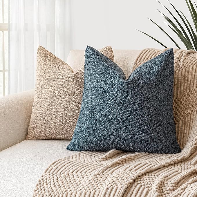 Foindtower Set of 2, Decorative Textured Boucle Throw Pillow Covers Accent Solid Pillow Cases Neutral Soft Cozy Couch Cushion Case for Chair Sofa Bedroom Living Room Home Decor 26 x 26 Inch Blue
