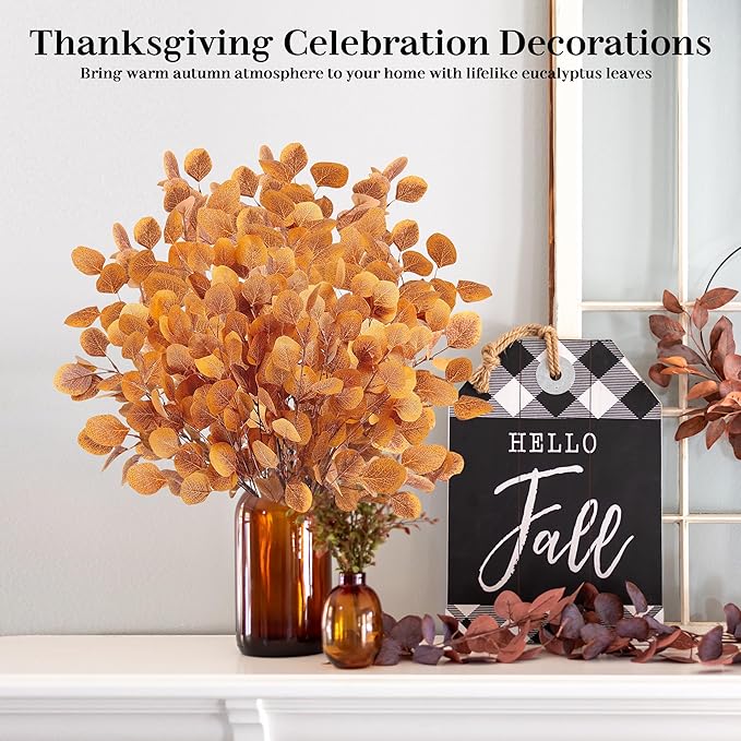 6 Pcs 36" Artificial Eucalyptus Fall Leaves, Long Fake Eucalyptus Leaves Stems Plants Fall Decorations for Indoor Home Office Party Autumn Decor