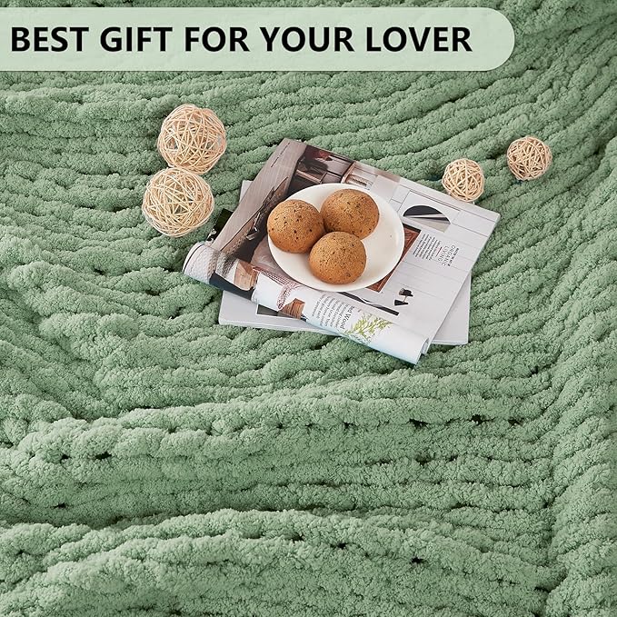 L'AGRATY Chunky Knit Blanket Throw - Soft Chunky Throw Blanket 50x60: 100% Hand Kintted Chenile Crochet Throw Blanket for Couch - Large Cable Knit Chunky Blanket for Home Decor(Sage Green)