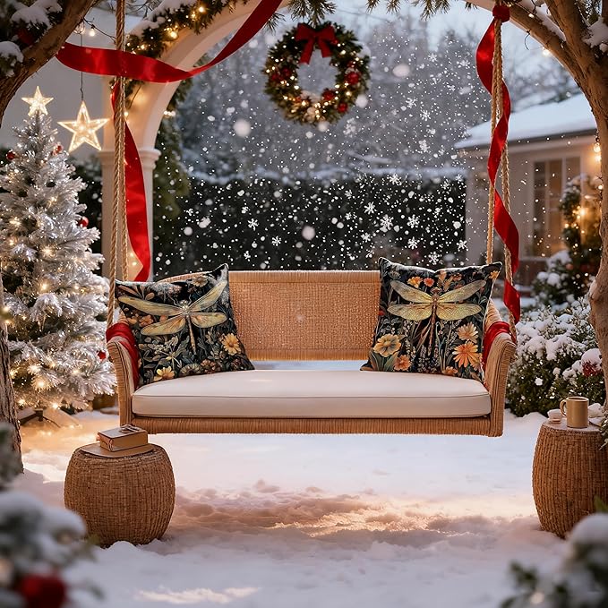 Vintage William Morris Inspired Dragonfly Pillow Covers 18x18, Dark Cottagecore Botanical Wildflower Decorative Throw Pillow Covers for Bedroom Living Room Home, Cottagecore Room Decor