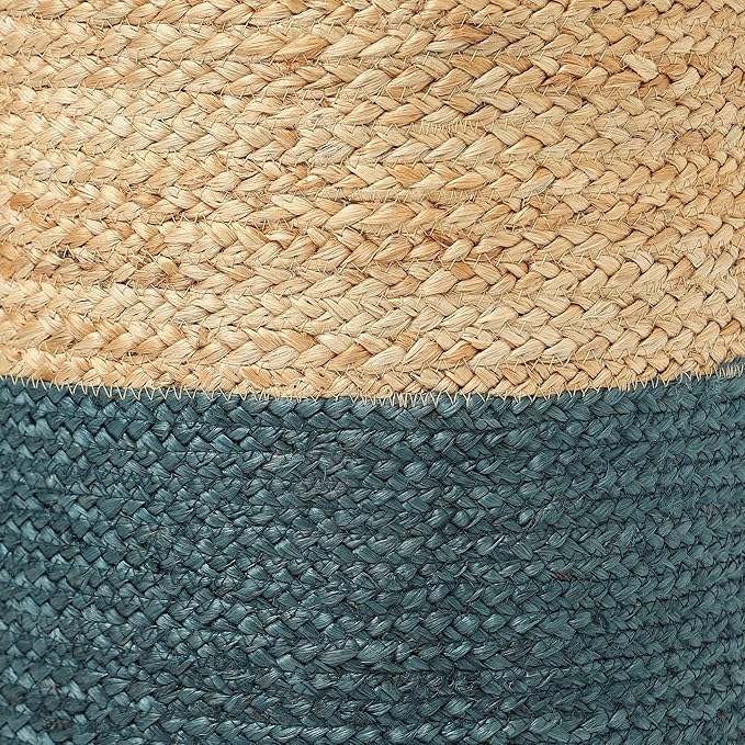 REDEARTH · Cylindrical Pouf Foot Stool Ottoman - Jute Braided Pouffe Poof Accent Sitting Footrest for Living Room, Bedroom, Nursery, Patio, Lounge (Natural Teal, 14.5"x14.5"x16")