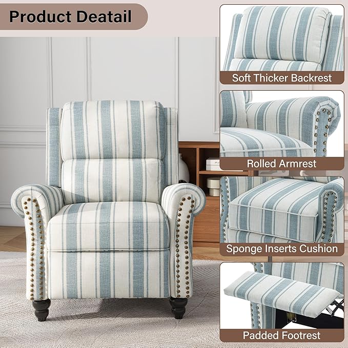 UIXE Pushback Recliner Chairs Set of 2, Fabric Armchair Push Back Accent Chair, Rivet Trim Club Chair Home Theater Overstuffed Single Sofa Reading Seat for Living Room, Stripe Blue