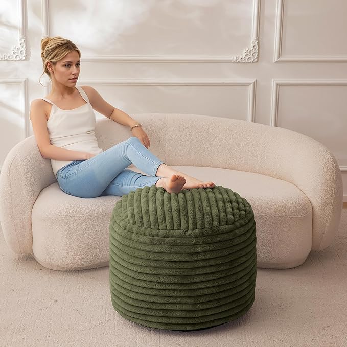 HIGOGOGO Round Stuffed Pouf Ottoman, Corduroy Poufs with High-Density Foam Filling, Furry and Fluffy Pouf Foot Stool Storage Ottoman, 20 X 15 Floor Poufs Foot Rest for Living Room, Green