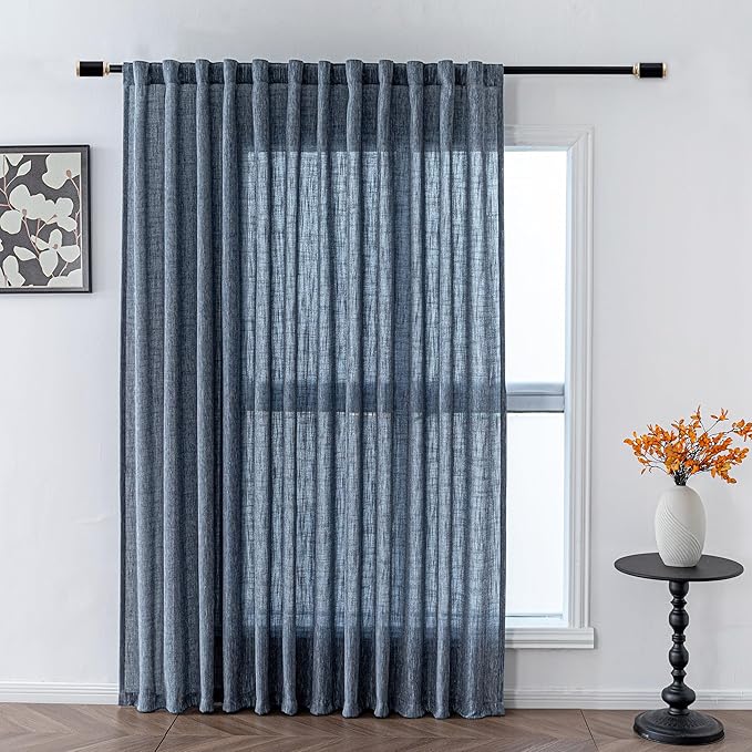 MYSKY HOME Floor Length Bedroom Curtains 90 Inch Long Panels, Boho Curtains Farmhouse for Living Room Sliding Glass Door, Linen Look Texture Light Filtering Rod Pocket, 100" x 90", Dusty Blue, Pack-1