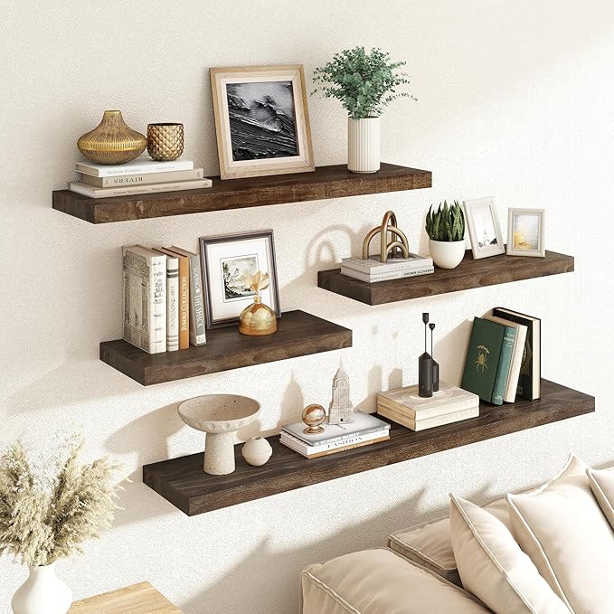RICHFOCUS Elm Floating Shelves for Wall - 30" W x 9.3" D Rustic Solid Wood Shelves with Invisible Bracket, Wall-Mounted for Living Room, Bedroom, Kitchen Storage & Display, Set of 2, Walnut