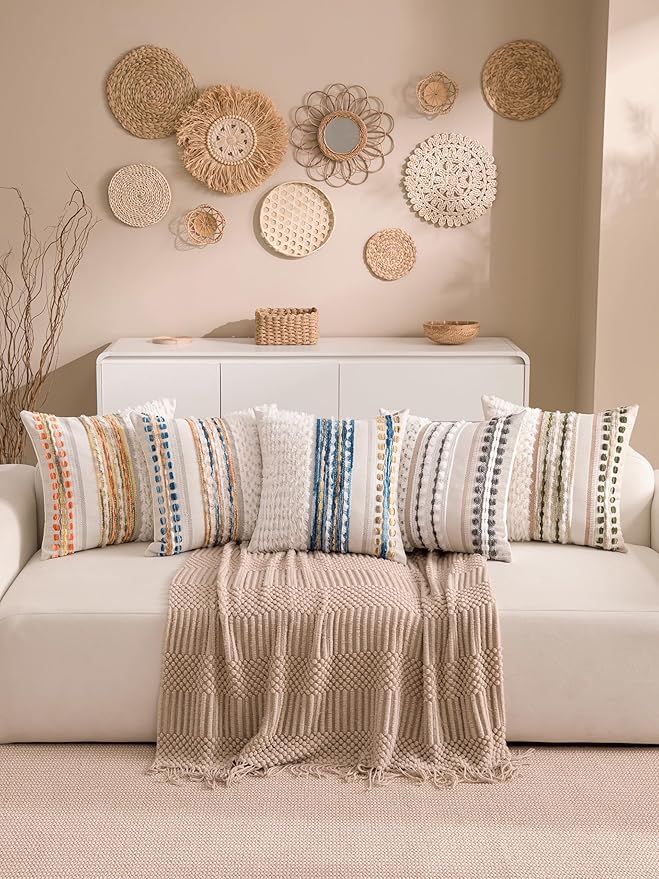 Fall Boho Chenille Tufted Throw Pillow Covers 18x18 Inch Set of 2 Farmhouse Striped Couch Decorative Pillow Covers Accent Neutral Pillowcase Yellow Orange Cushion Cover for Livingroom Sofa Bed