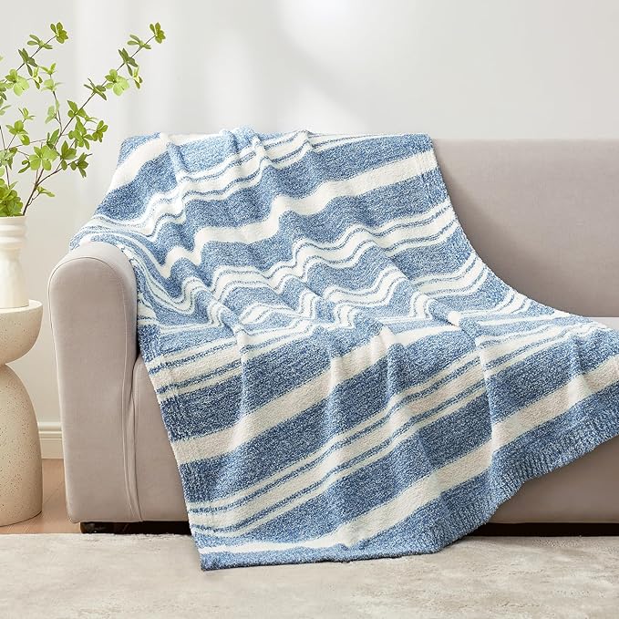Snuggle Sac Stripe Blue Blankets Luxurious Microfiber Fabric, Reversible Super Soft Bedding Blankets Warm Cozy Knit Fuzzy Plush Blanket for Bed,Couch,Sofa,Living Room, Blue Stripe,60x80 inches