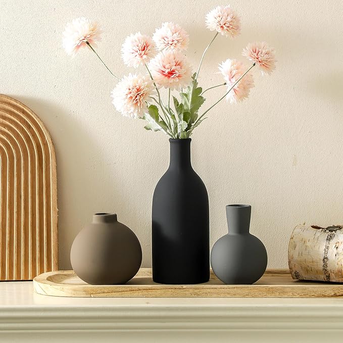 Ceramic Vase Set of 3 | Neutral Vases Home Decor | Modern Flower Pottery Vases Rustic Farmhouse Vase for Table Entryway Mantel Centerpiece Bookshelf Living Room Bathroom Bedroom -Multicolor Large
