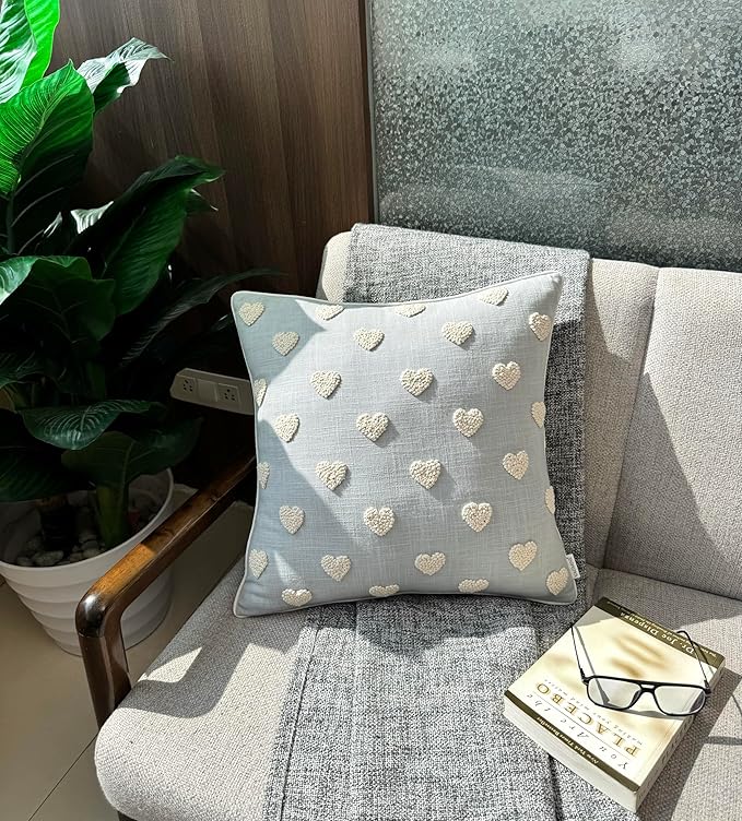 VAGMINE Hand Embroidered French Knotted Hearts Pillow Cover - 18x18 Inches Square - 100% Cotton Robins Egg Decorative Cushion Cover - Romantic Gift for Couples - Valentine’s Bedroom Decor