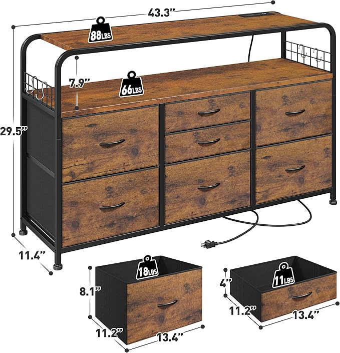 TV Stand for Bedroom with LED Lights & Charging Station, 7 Drawer with Open Shelf, Media Console for Living Room & Chest of Drawers for Closet, Entryway, Hallway, 4 Hooks, Rustic Brown