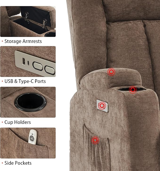 Power Lift Recliner Chair for Elderly with Massage and Heat, Reclining Sofa Chair with USB & Type-C Ports and Cup Holders, L1188(Brown)