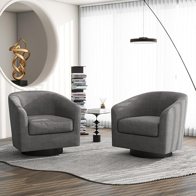 Swivel Barrel Accent Chair, Modern Round Linen Arm Chair for Living Room, Bedroom, Comfy Club Reading Chairs for Adults（Linen Fabric, Grey, Set of 1