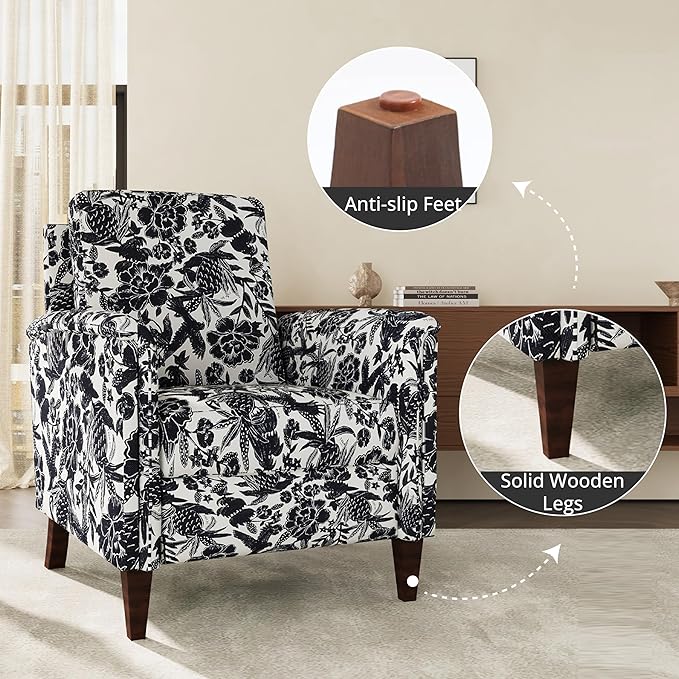 Floral Accent Chair Set of 2, High Back Upholstered Armchair with Solid Wooden Legs, Padded Armrest and Removable Comfortable Cushioned Seat Single Sofa for Living Room, Bedroom, Black