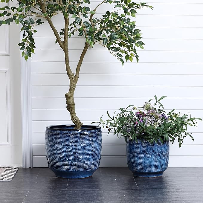 LuxenHome 15.5" Dia Large Ceramic Pots for Plants, Ocean Blue Glazed Planters for Outdoor Plants, Round Indoor Flower Pots with Drainage Hole and Rubber Plug for Home Garden Patio