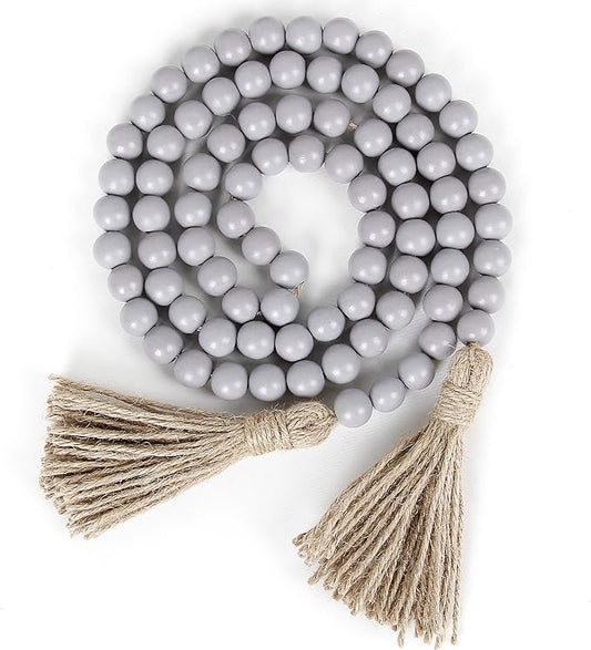 58in Wood Bead Garland with Tassels, Farmhouse Rustic Country Decor Prayer Boho Wall Hanging Decoration (Gray)