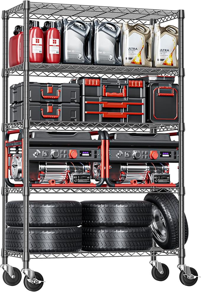 IZEUK 5-Tier Storage Shelving Unit with Wheels, Adjustable Heavy Duty Steel Wire Rack Organizer (Black, 17.7" D x 47.2" W x 76.7" H, 1750 lbs Capacity) for Garage, Kitchen, Office, Laundry, Basement
