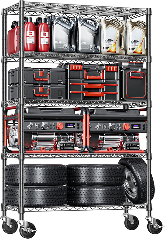IZEUK 5-Tier Storage Shelving Unit with Wheels, Adjustable Heavy Duty Steel Wire Rack Organizer (Black, 17.7" D x 47.2" W x 76.7" H, 1750 lbs Capacity) for Garage, Kitchen, Office, Laundry, Basement