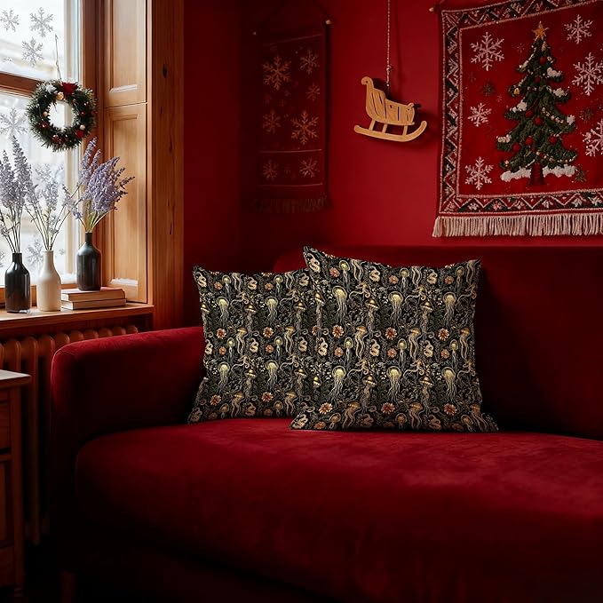 William Morris Inspired Jellyfish Pillow Covers 18x18 Set of 2, Coastal Beach Room Decor, Marine Life Coastal Beachy Nautical Decorative Throw Pillow Covers for Home Bedroom Living Room