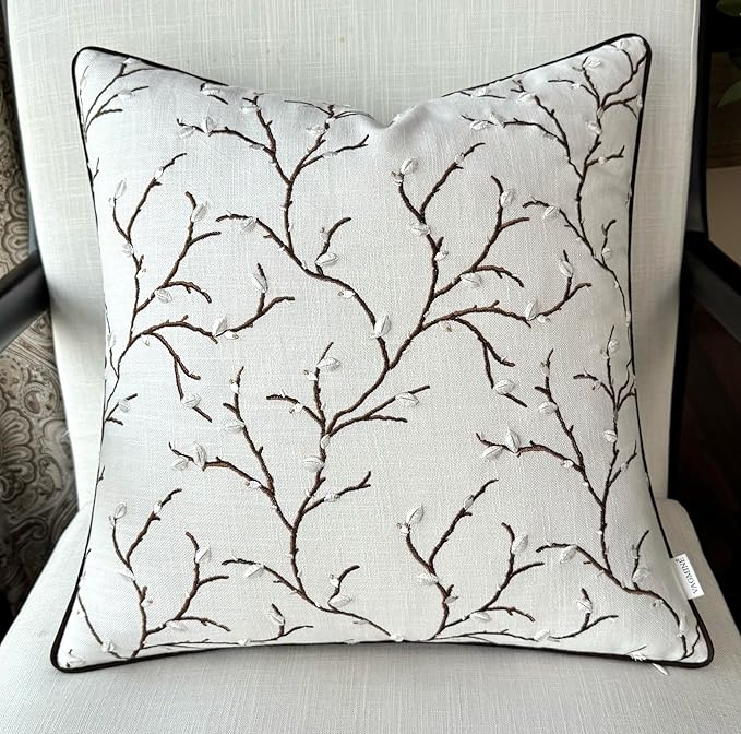 VAGMINE Embroidered Pussy Willow Throw Pillow Cover - 20x20 Inches Square - 100% Cotton Ivory Cushion Cover - Delicate Floral Stitchwork - Chic Home Accent for Sofa, Lounge, Rustic Farmhouse Décor