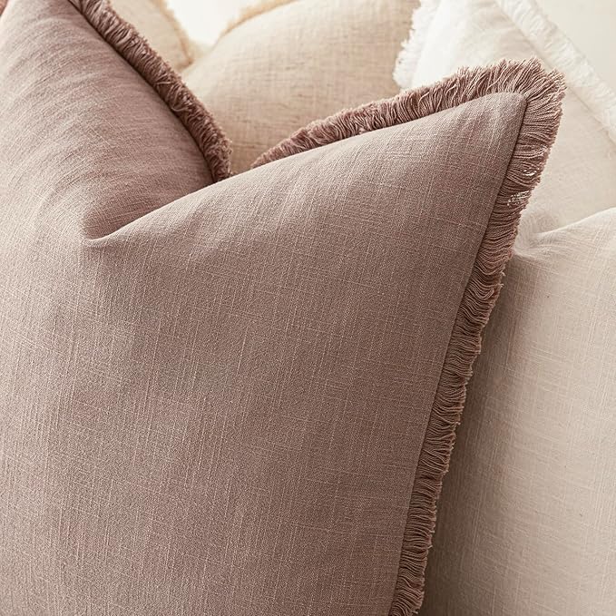 Foindtower Set of 2 Decorative Linen Fringe Throw Pillow Covers Cozy Boho Farmhouse Cushion Cover with Tassels Accent Pillowcase for Couch Sofa Bed Living Room Home Decor,26×26 Inch,Dusty Pink