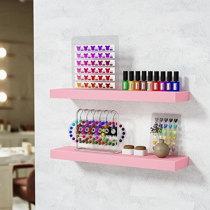 BAMEOS Pink Floating Shelves for Wall, 24" x 6" Wall Shelves for Room, Floating Book Shelves, Hanging Shelves for Bedroom, Bedroom, Living Room, Kitchen (Set of 2)