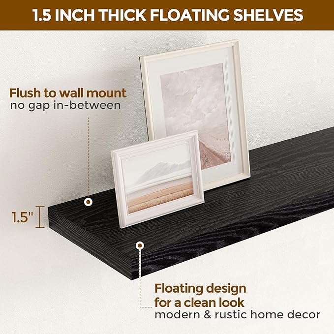Fun Memories Floating Shelves 55 Inch Set of 2, Black 55 x 9 Wall Shelves for Home Decor Storage, Rustic Wood Floating Shelf for Wall, 9 Inch Deep Shelving for Bathroom, Living Room, Kitchen