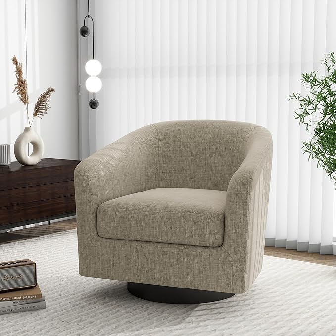 Swivel Barrel Accent Chair, Modern Round Linen Arm Chair for Living Room, Bedroom, Comfy Club Reading Chairs for Adults, Linen Fabric, Light Brown, Set of 2