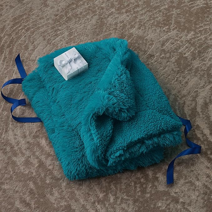 Bedsure GentleSoft Fuzzy Sherpa Faux Fur Twin Blanket Teal Cozy Gifts for Women Men, Soft Fleece Plush Warm Minky Thick Blanket Twin Size for Bed, Couch, Room Dorm Essentials Teal Decor Gifts, 60x80