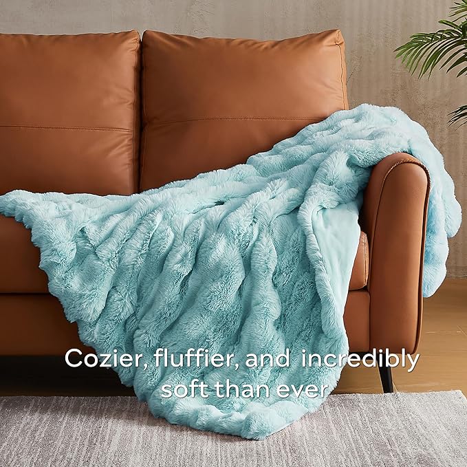 JELLYMONI Faux Fur Throw Blanket, Blue Cozy Plush Bubble Bed Blanket, Thick and Warm, Queen (90" x 90")