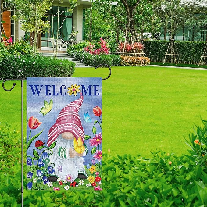 Welcome Spring Gnome Garden Flag 12x18 Double Sided Burlap Butterfly Floral Garden Yard Flags for Spring Summer Rustic Seasonal Outside Outdoor House Decoration (ONLY FLAG)