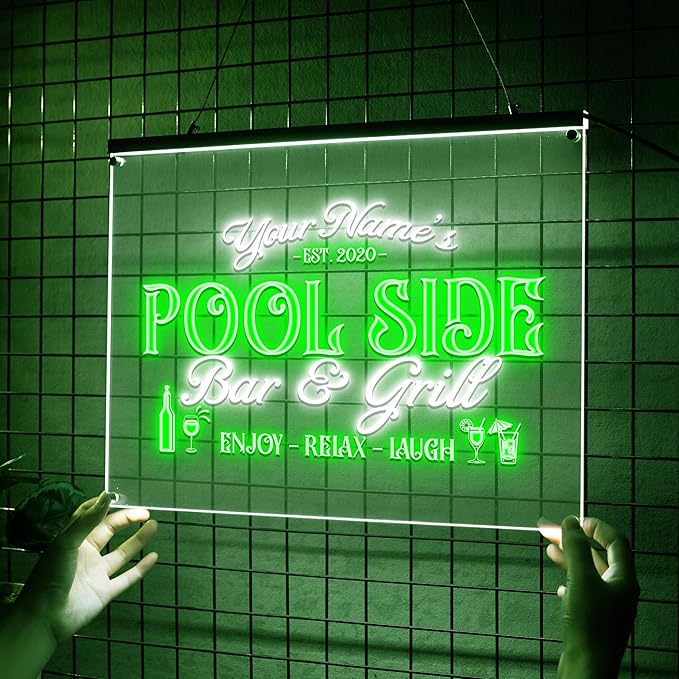 Personalized Pool Side Bar & Grill Neon Sign, Custom LED Name Sign for Backyard, Patio, Outdoor Bar, Tropical Pool Decor, Gift for Summer Fun Lovers