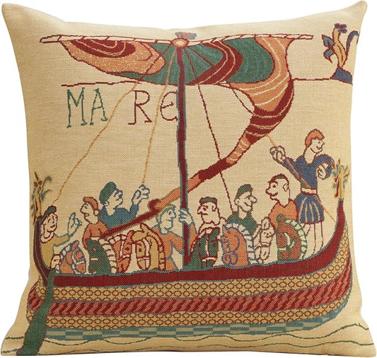 Charlotte Home Furnishings Bayeux Mare Throw Pillow Cover 16" x 16" – Medieval Ship Decorative Tapestry Cushion Case for Sofa, Couch, & Bed | Cotton Jacquard Woven in Europe | Insert Not Included