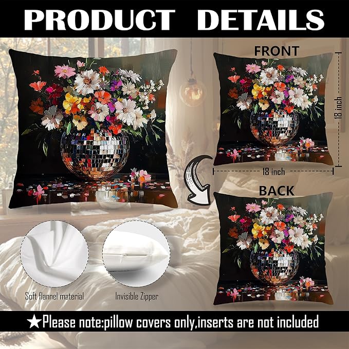 Trendy Eclectic Disco Ball Moody Floral Pillow Covers 18x18, Maximalist Funky Wildflowers Bouquet Throw Pillow Covers for Living Room Bedroom, Dark Cottagecore Decor, Eclectic Home Decor
