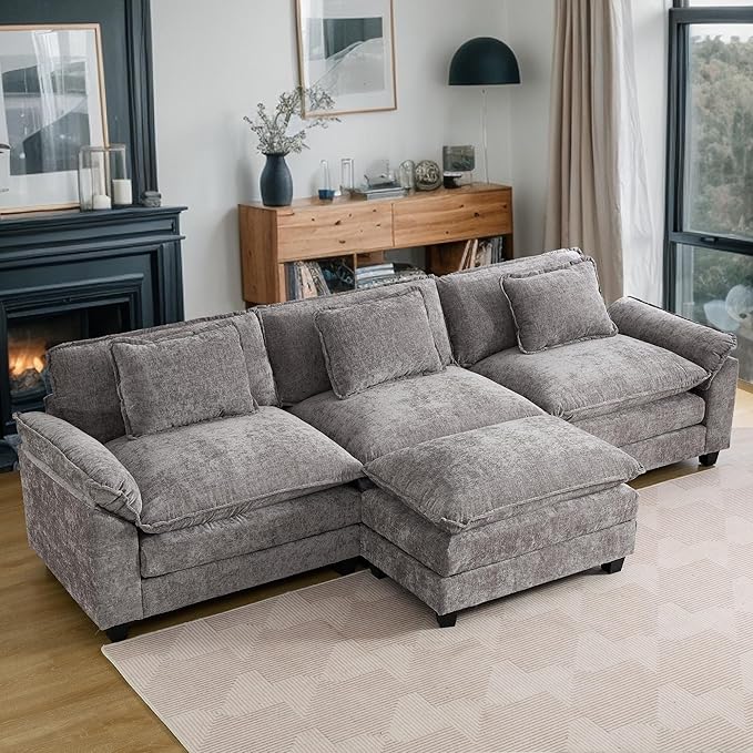 URRED Modular Sectional Sofa Comfy Cloud Couch, Modern Chenille Sofa Sleeper Deep Seat Couches with Ottoman/Pillows for Living Room (Gray, 117''- L Shape)