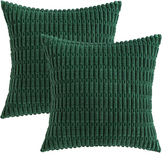 MIULEE Pack of 2 Christmas Dark Green Corduroy Decorative Pillow Covers 20x20 Inch Soft Boho Striped Throw Pillow Covers Modern Farmhouse Home Decor for Sofa Living Room Couch Bed